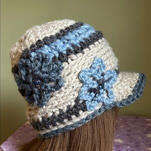 Handmade Cream and Blue Crocheted Flower Cloche Hat medium